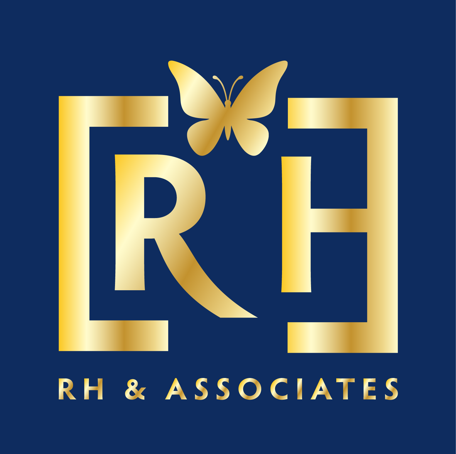 RH & Associates gold butterfly and monogram on navy
