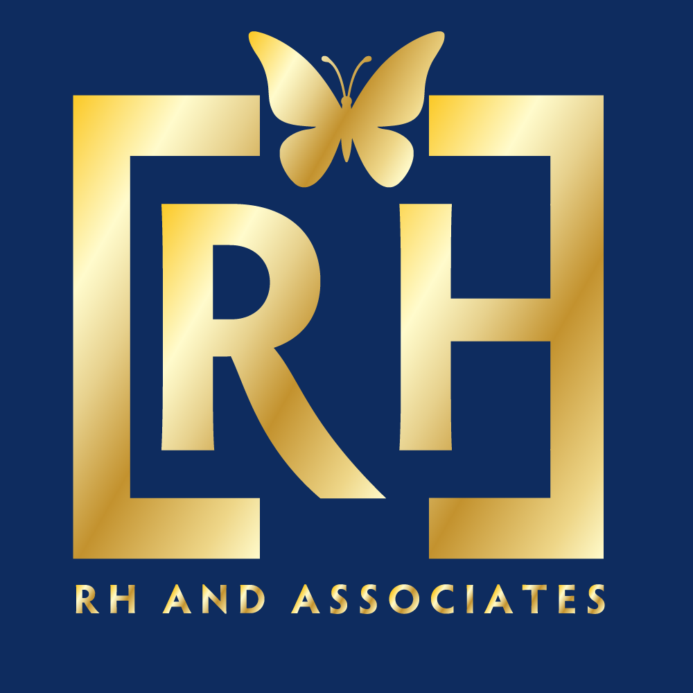 RH and Associates gold butterfly and monogram on navy